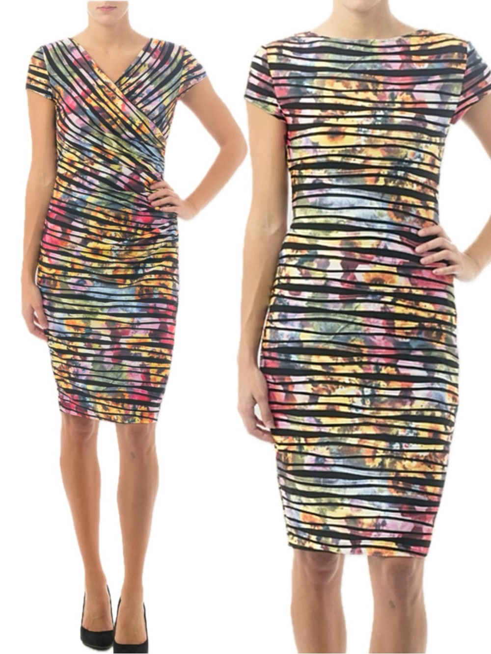 NWT Joseph Ribcoff Reversible Rainbow Floral Pleated Dress Size 10 Bodycon Y2K